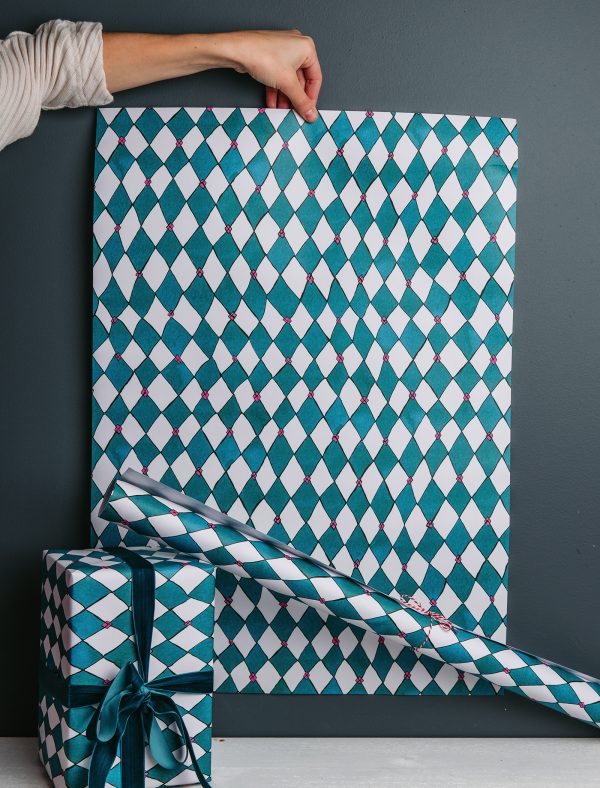 turquoise harlequin gift wrap 1