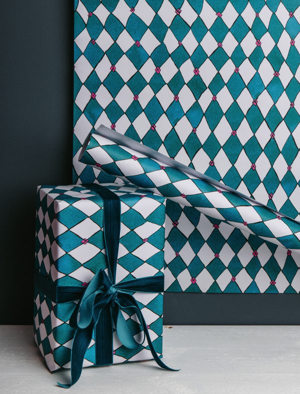 turquoise harlequin gift wrap 2