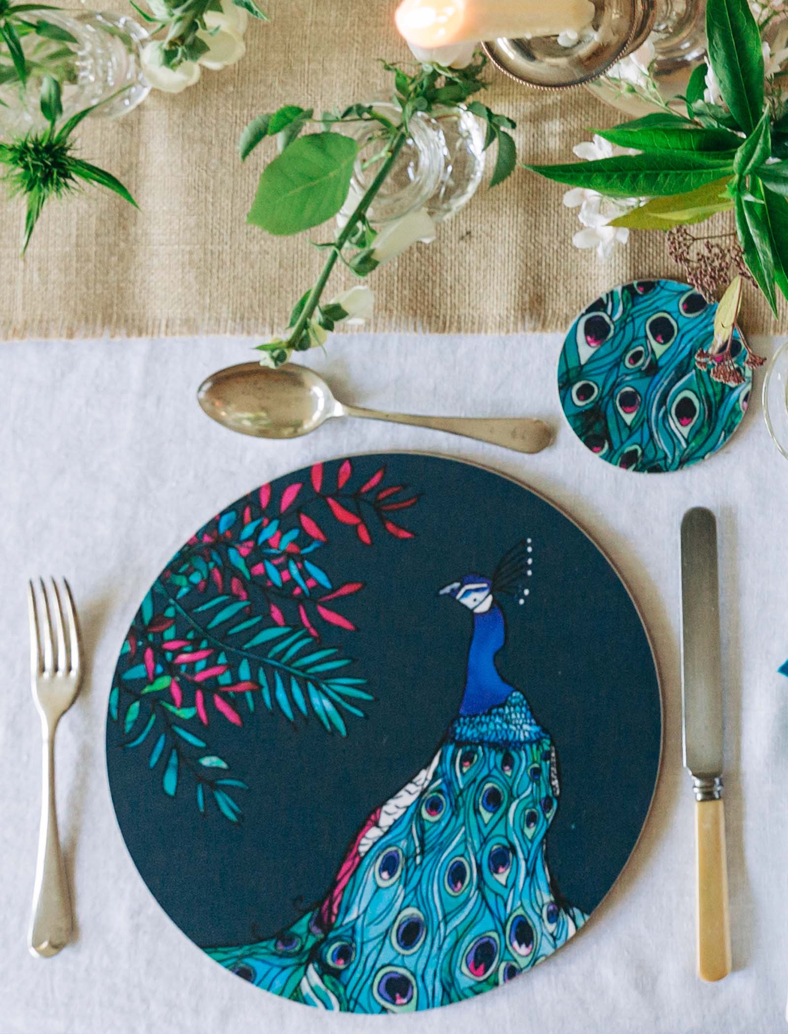 Peacock Illustrated Tableware Set - Katie Cardew Illustrations